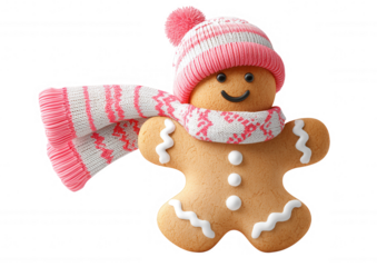 Gingerbread man cookie wearing a knitted bobble hat and striped scarf, representing winter holiday transparent with season background