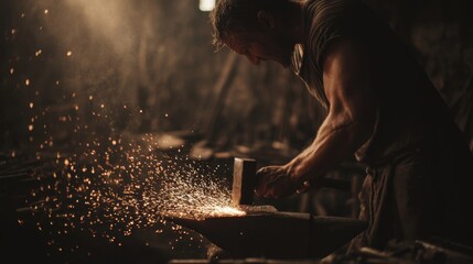 Blacksmith intensely shaping metal with hammer on anvil sparks flying in workshop