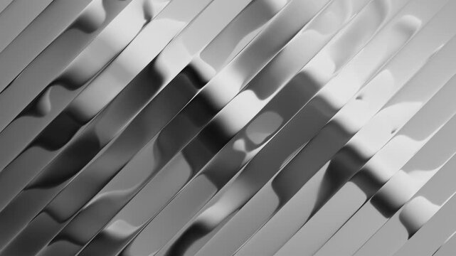 Flowing, wavy black and white glass ribbons rotate and morph with glossy dynamic refraction. 3D render animation.