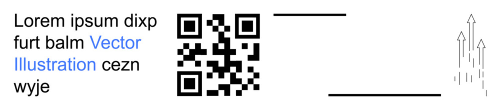 Technology, data exchange, business growth, innovation, communication, scanning tools. QR code with placeholder text and abstract lines with upward arrows. Technology and data concepts visualization