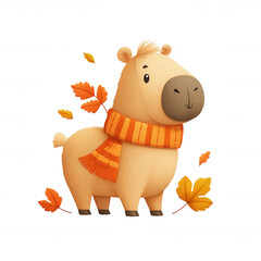 Cute cartoon animal character wearing an orange striped scarf with transparent background leaves, autumn