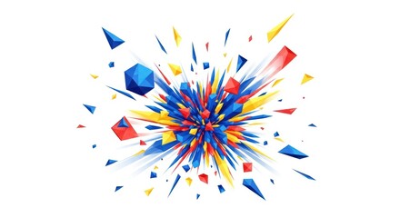 Explosion of colorful geometric shapes on white background