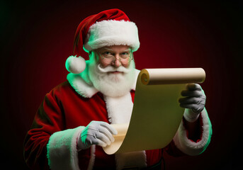 Santa Claus holding blank parchment scroll checking naughty or nice list with knowing expression, dramatic festive red and green studio lighting portrait