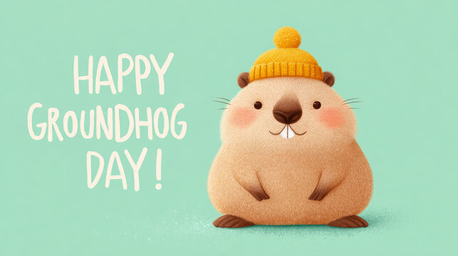 Cute cartoon groundhog with a yellow hat and "Happy Groundhog Day!" text on a mint green background. Perfect for holiday, event, seasonal, and children's blogs/sites on celebrations and weather.