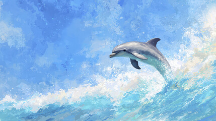 Naklejka premium Jumping dolphin gracefully flips over vibrant wave, showcasing beauty of marine life and ocean energy