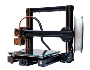 Black 3D Printer with Spool of White Filament Isolated on Black Background 3D printer 3D printing