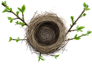 Bird's Nest Made of Twigs Surrounded by Branches with New Green Leaves graphic design