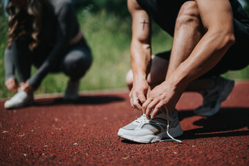 Close-up of a man tying his athletic shoes outdoors on a track, preparing for exercise, with another person in the back tying shoelaces as well, symbolizing fitness and dedication.