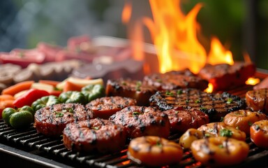 A vibrant image showcasing a plethora of grilled meats and vegetables, illustrating the excitement of cooking and sharing delicious meals with friends and family. High quality