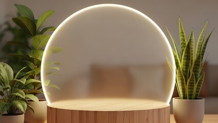 Modern egg shaped display pod surrounded by lush green plants