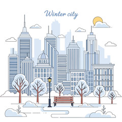 Naklejka premium Winter city landscape illustration with a cartoon-style urban skyline, snowy buildings, and bare trees under a cloudy sky