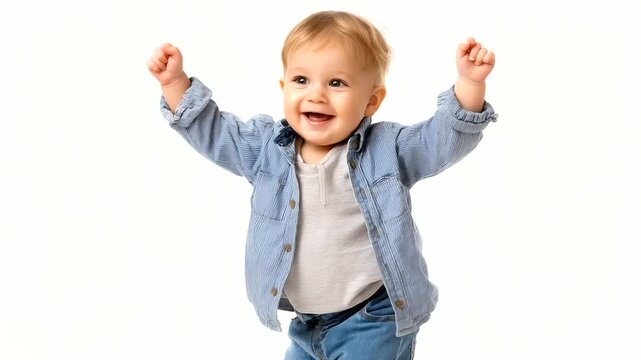 Baby dancing happily, white background toddler, expressing joy moving, bright studio childhood, energy playful motion, diverse ethnicity representation, infant activity display, wi