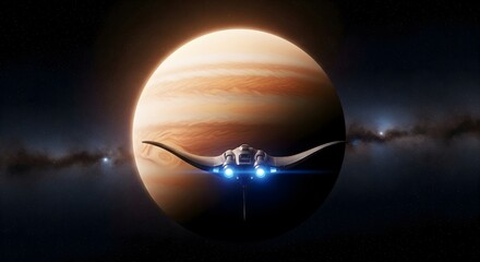Futuristic spaceship with glowing blue engines flying over a massive Jupiter-like planet in a dark space setting, symbolizing sci-fi exploration and cosmic travel