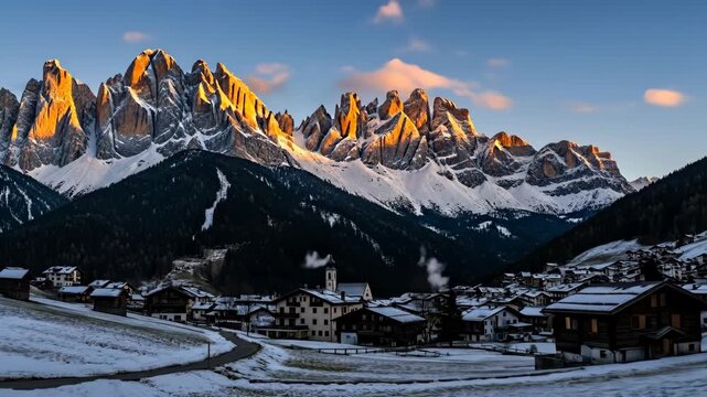 Experiencing a Quiet Mountain Village at Dusk in a Snowy Landscape