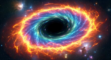 Vibrant, fiery black hole or wormhole in the deep galaxy, surrounded by a swirling nebula of cosmic energy and interstellar dust for a science fiction theme