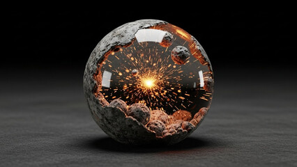 Stunning glass sphere with molten lava and sparks inside