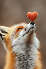 Red fox balancing a soft orange heart on its nose, symbolizing affection, love, romance, and friendship in a cute Valentine's Day or animal-themed concept