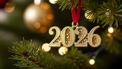 Gold Glitter 2026 Number Hanging on Christmas Tree Branch with Bokeh Lights New Year Decoration