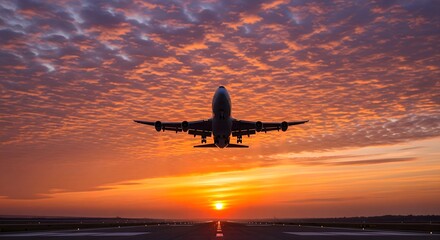 Large passenger airplane taking off from an airport runway at sunrise, silhouetted against a dramatic orange and purple sky filled with altocumulus clouds