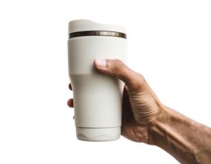 Hand Holding White Insulated Travel Mug With Brown Band Isolated On Black insulated mug coffee cup