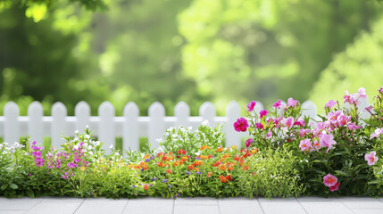 Vibrant garden scene featuring colorful flowers in bloom, lush greenery, and white picket fence creates serene atmosphere
