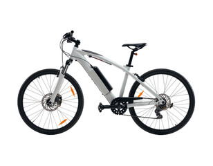 Modern White Electric Bicycle with Integrated Battery and Disc Brakes Keywords: electric bicycle, e-bike, white bicycle, modern