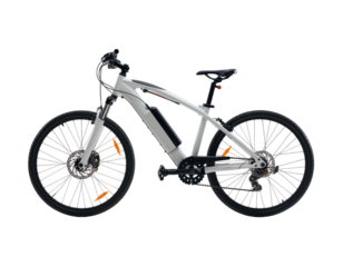 Modern White Electric Bicycle with Integrated Battery and Disc Brakes Keywords: electric bicycle, e-bike, white bicycle, modern