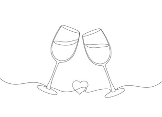 Minimalist one line drawing of two wine glasses clinking in toast forming heart. Perfect for wedding invitations, Valentine&rsquo;s Day, romantic design