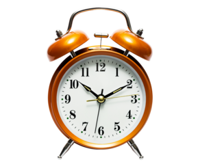 Orange Twin Bell Alarm Clock with White Face and Black Numbers on Black Background time ticking