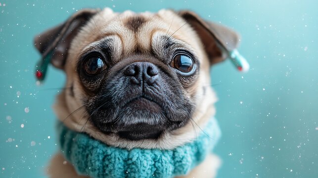 Cute pug wearing teal winter sweater in falling snow