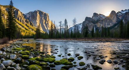 Panoramic View of Yosemite Valley at Sunset with El Capitan and Bridalveil Fall Illuminating the Merced River and Moss-Covered Rocks