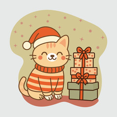 Cute Christmas Cat Illustration with Santa Hat, Gifts, and Festive Background , Holiday Vector Art and illustration 