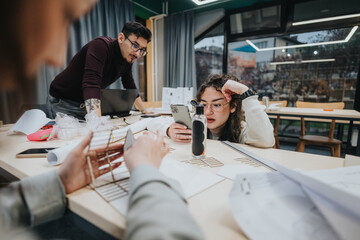 A diverse group of students works together around a large table, reviewing plans, sharing ideas, and using digital devices in a modern classroom setting to boost creativity, design, and learning.