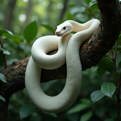 Fototapeta premium AI generated Serpent resting on moist limb, Photograph of snake on humid mossy tree branch