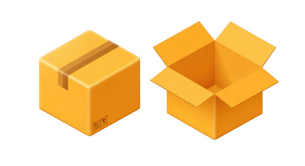 Fototapeta premium Two orange cardboard boxes one sealed one open isolated on a transparent background shipping
