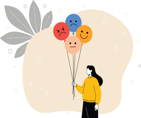 Obraz premium Woman Holding Balloons with Various Emojis Vector Illustration for Emotion Management Mental Health and Mood Range Concept.