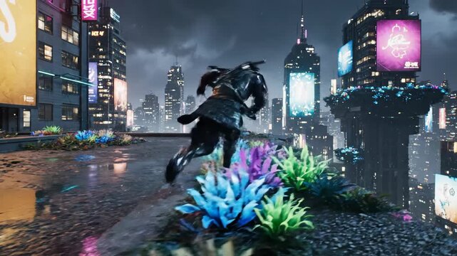 Futuristic samurai warrior in a dynamic action sequence on a wet skyscraper rooftop. Cyberpunk city with glowing neon lights and billboards at night. Cinematic video game concept