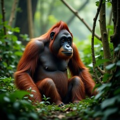 Naklejka premium AI generated Calm male orangutan in dense rainforest with scenic lighting and greenery