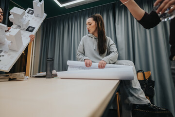 A young woman in a gray hoodie reviews rolled plans while peers present architectural models in a collaborative studio, creating a dynamic scene of teamwork and design exploration.