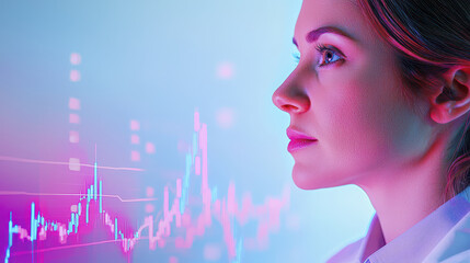 Business analyst evaluating market trends with data visualization, focused and determined expression