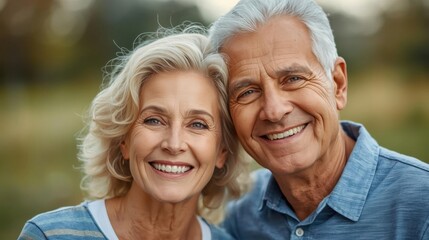 A joyful elderly couple smiles warmly, showcasing their affection for each other in a natural outdoor setting.