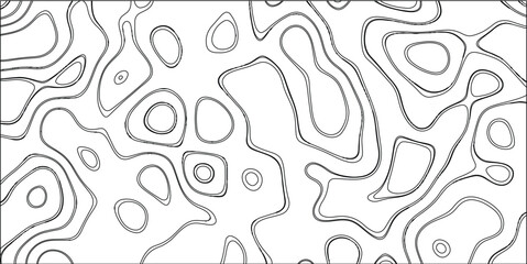 Black and white abstract contour line art with organic, flowing shapes and irregular closed loops on a clean white background, resembling a topographic map or cellular structure for graphic design