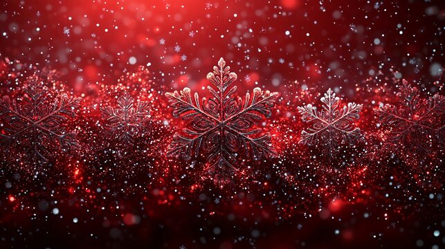 Red Christmas background with glitter snowflakes and poinsettias