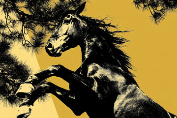 松の木金色の背景で走る馬。午年年賀状素材テンプレート。