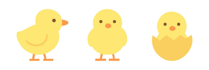 A set of three Easter chick icons in yellow, featuring a chick standing, a fluffy chick, and a chick hatching from an egg, ideal for Easter designs.