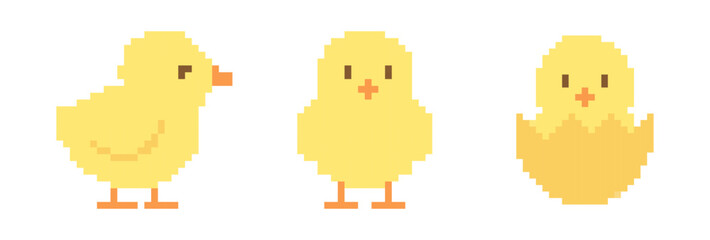 A pixelated black Easter chick with variations of standing, fluffy, and hatching chicks, rendered in pixel art style, ideal for retro Easter designs.