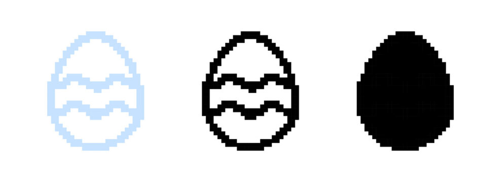 A pixelated version of Easter egg icons with wave patterns, designed in blue, black, and solid black styles, perfect for retro-style Easter graphics.