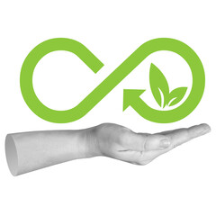 Hand presenting infinity loop with leaf symbol. Represents sustainability, circular economy, or renewable resources. Part of series