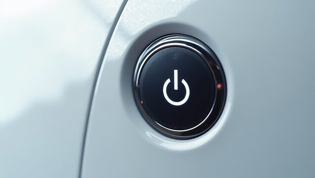 Extreme close up of a modern illuminated power button on a sleek light gray surface suggesting activation or standby mode