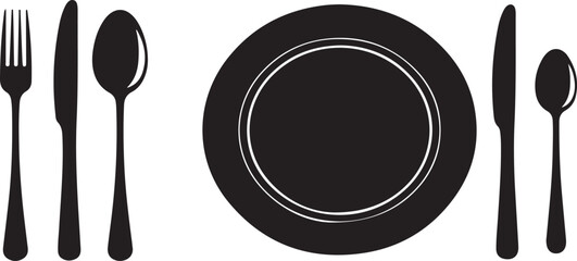 Black Silhouette Cutlery And Plate Icons Arranged On White Background fork knife